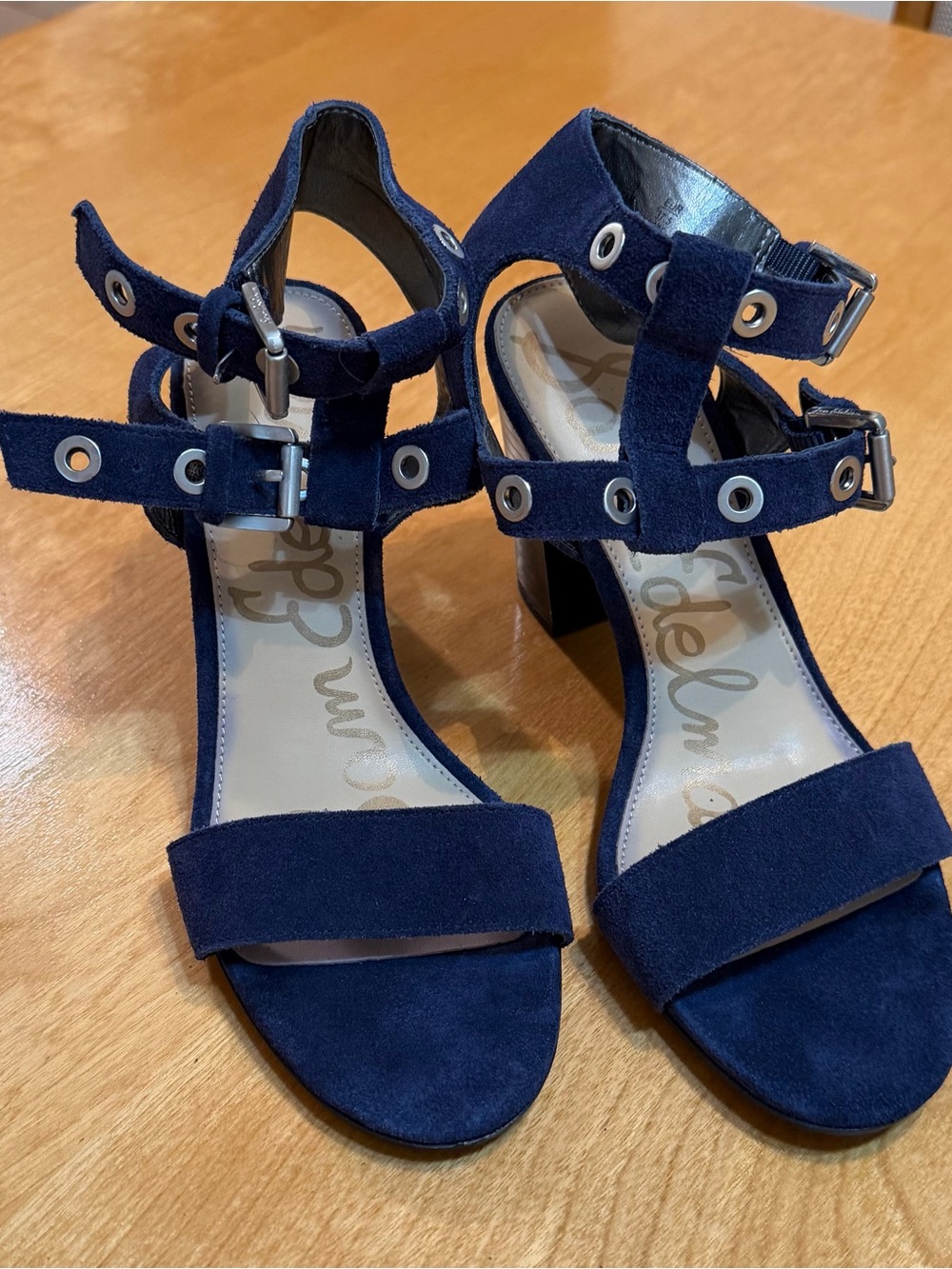 Sam Edelman Navy Suede Grommet Ankle Strap Block Heels